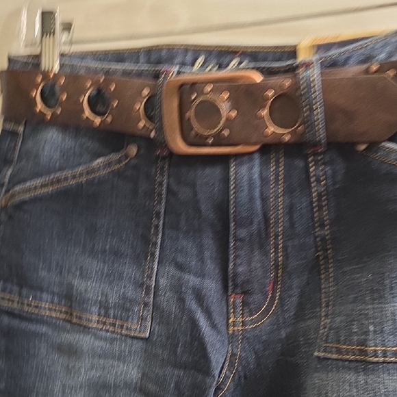 L.A. Blues Women's Dark Blue Flare Jeans with Brown Studded Belt Size 8 - Picture 3 of 8